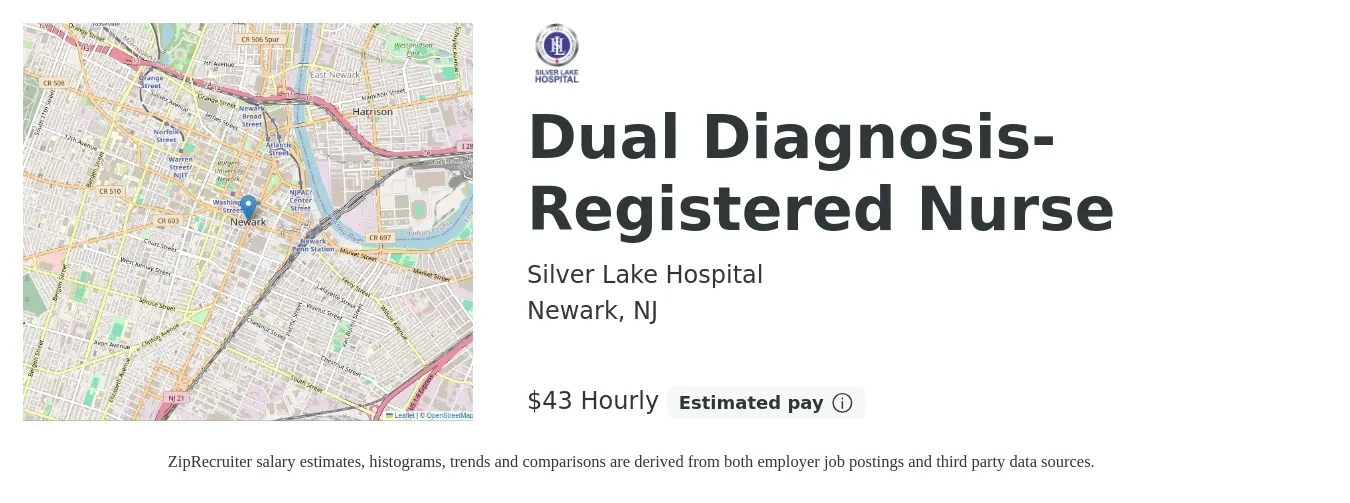 Silver Lake Hospital job posting for a Dual Diagnosis- Registered Nurse in Newark, NJ with a salary of $45 Hourly with a map of Newark location.