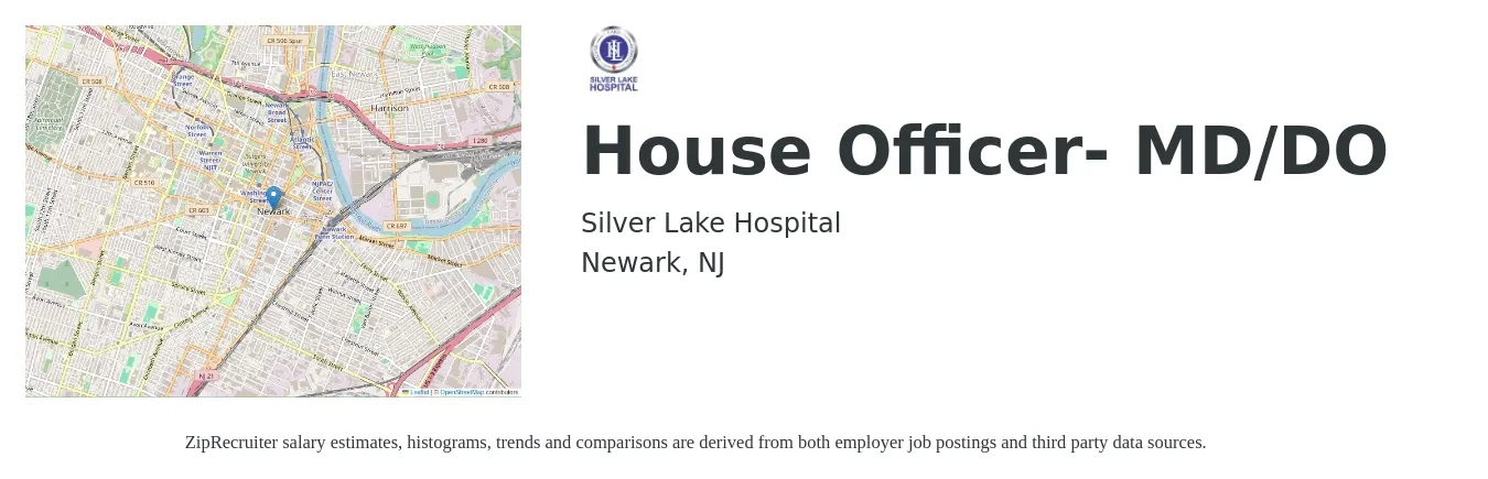 Silver Lake Hospital job posting for a House Officer- MD/DO in Newark, NJ with a salary of $41,800 to $103,000 Yearly with a map of Newark location.