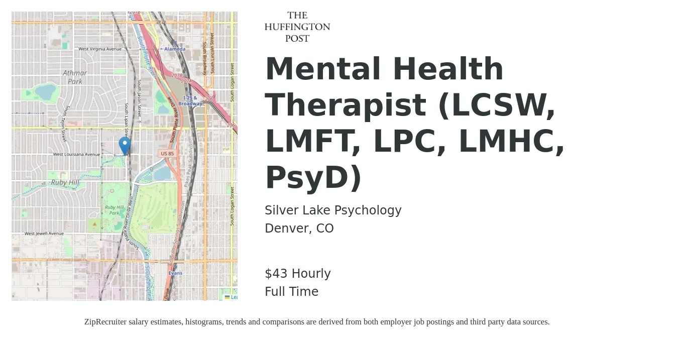 Silver Lake Psychology job posting for a Mental Health Therapist (LCSW, LMFT, LPC, LMHC, PsyD) in Denver, CO with a salary of $45 Hourly with a map of Denver location.