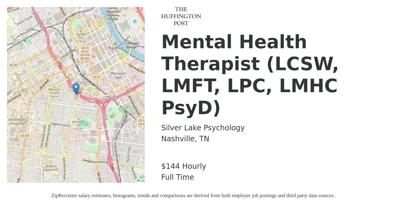 Silver Lake Psychology job posting for a Mental Health Therapist (LCSW, LMFT, LPC, LMHC PsyD) in Nashville, TN with a salary of $150 Hourly with a map of Nashville location.