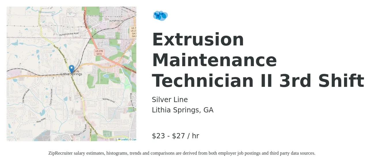 Silver Line job posting for a Extrusion Maintenance Technician II 3rd Shift in Lithia Springs, GA with a salary of $24 to $28 Hourly with a map of Lithia Springs location.