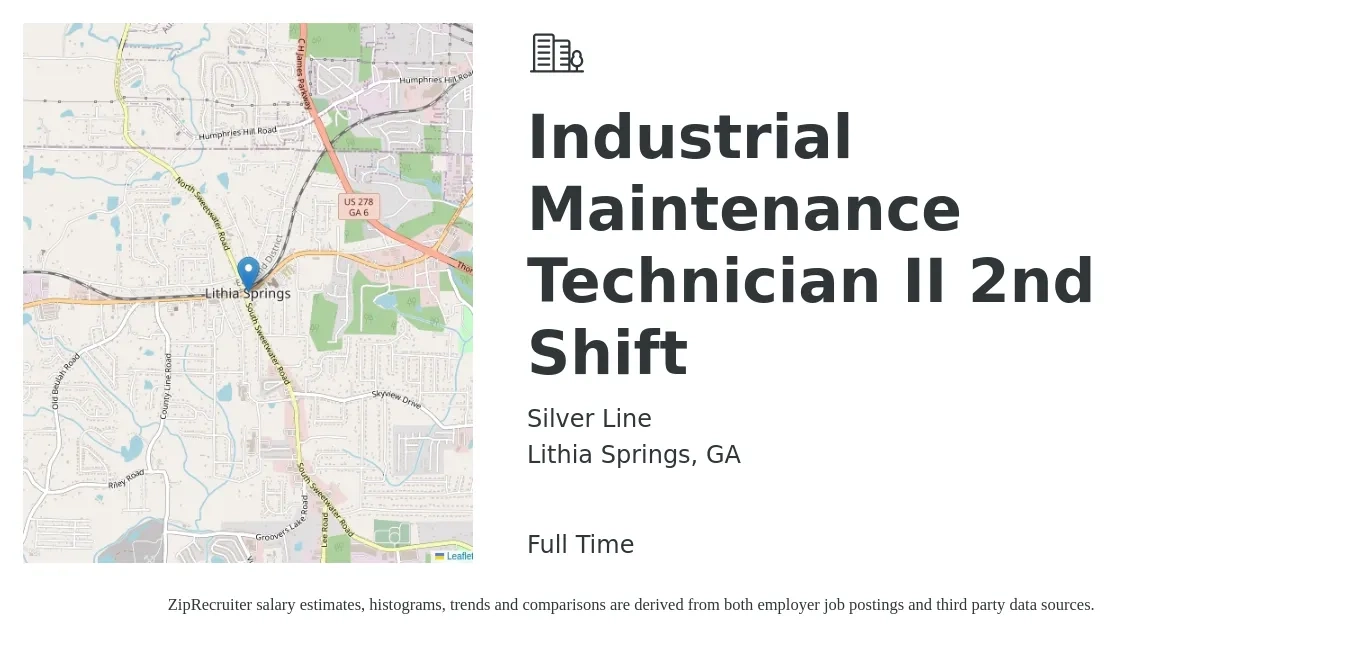 Silver Line job posting for a Industrial Maintenance Technician II 2nd Shift in Lithia Springs, GA with a salary of $20 to $28 Hourly with a map of Lithia Springs location.