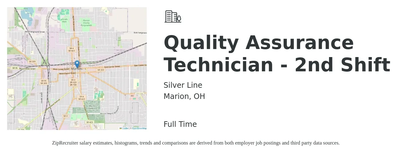 Silver Line job posting for a Quality Assurance Technician - 2nd Shift in Marion, OH with a salary of $20 Hourly with a map of Marion location.