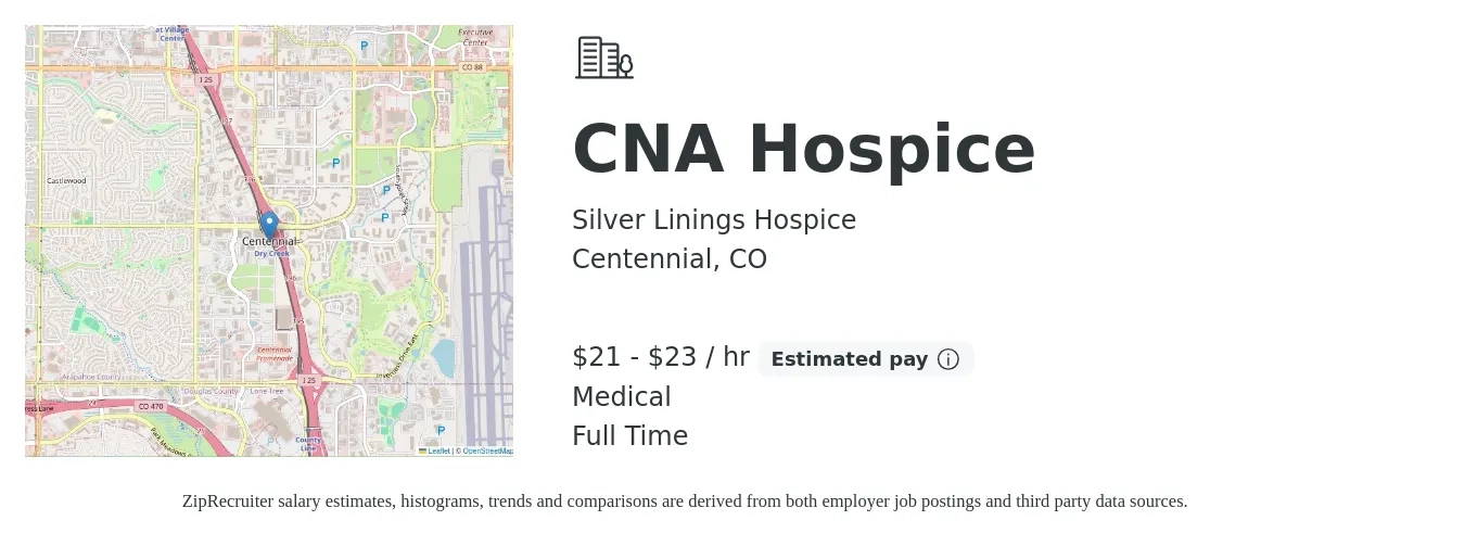 Silver Linings Hospice job posting for a CNA Hospice in Centennial, CO with a salary of $22 to $24 Hourly and benefits including retirement, medical, and pto with a map of Centennial location.