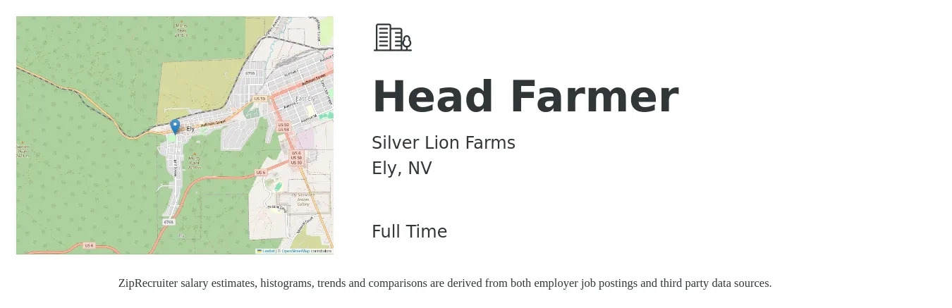 Silver Lion Farms job posting for a Head Farmer in Ely, NV with a salary of $100,000 Yearly with a map of Ely location.
