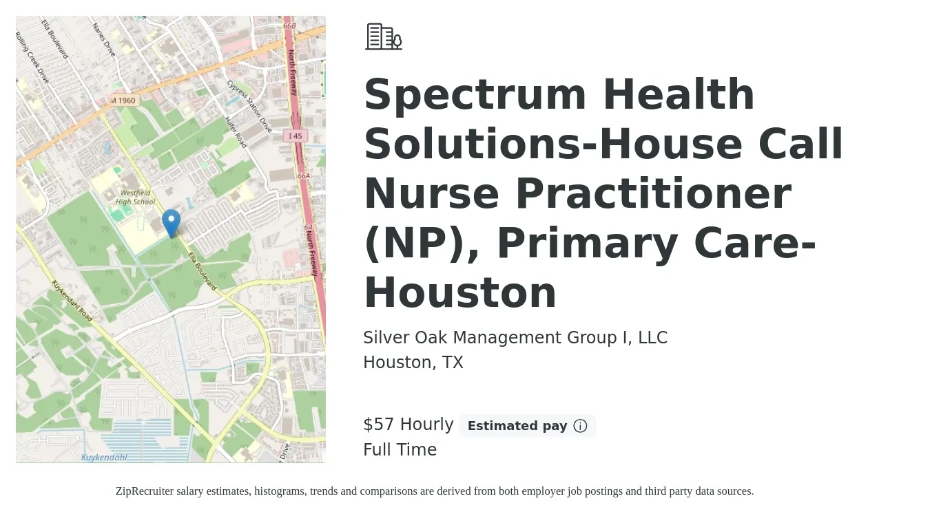 Silver Oak Management Group I, LLC job posting for a Spectrum Health Solutions-House Call Nurse Practitioner (NP), Primary Care- Houston in Houston, TX with a salary of $60 Hourly with a map of Houston location.