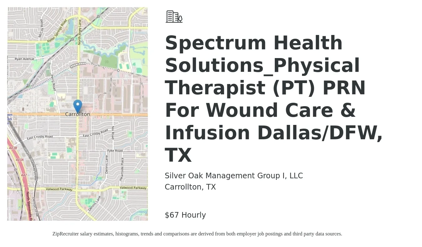Silver Oak Management Group I, LLC job posting for a Spectrum Health Solutions_Physical Therapist (PT) PRN For Wound Care & Infusion Dallas/DFW, TX in Carrollton, TX with a salary of $70 Hourly with a map of Carrollton location.