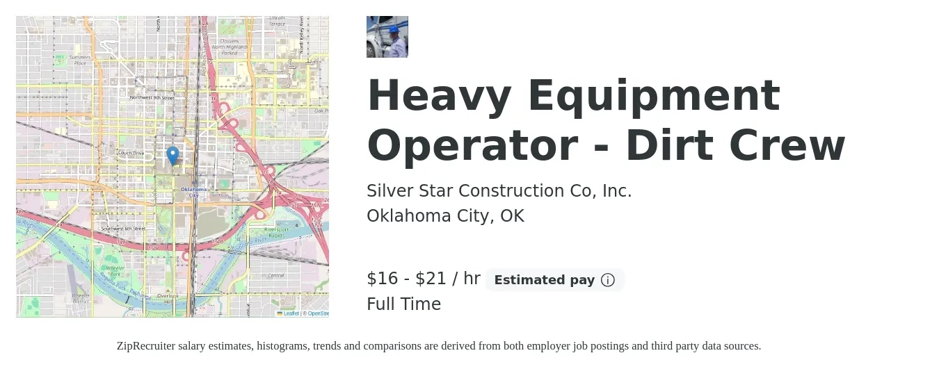 Silver Star Construction Co, Inc. job posting for a Heavy Equipment Operator - Dirt Crew in Oklahoma City, OK with a salary of $18 to $22 Hourly with a map of Oklahoma City location.
