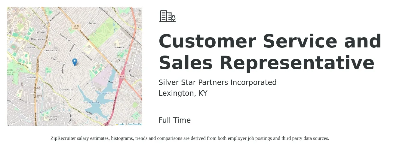 Silver Star Partners Incorporated job posting for a Customer Service and Sales Representative in Lexington, KY with a salary of $18 to $27 Hourly with a map of Lexington location.