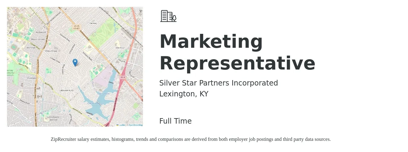 Silver Star Partners Incorporated job posting for a Marketing Representative in Lexington, KY with a salary of $33,300 to $46,800 Yearly with a map of Lexington location.