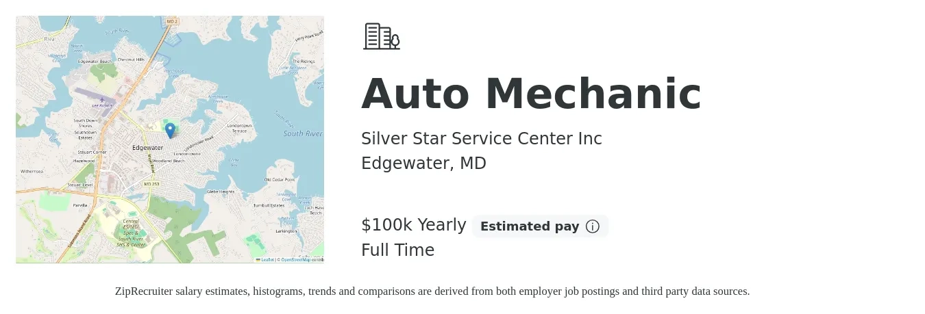 Silver Star Service Center Inc job posting for a Auto Mechanic in Edgewater, MD with a salary of $100,000 Yearly with a map of Edgewater location.