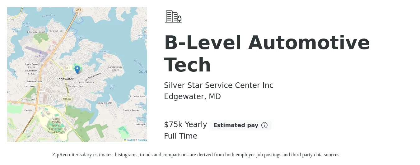 Silver Star Service Center Inc job posting for a B-Level Automotive Tech in Edgewater, MD with a salary of $75,000 Yearly with a map of Edgewater location.