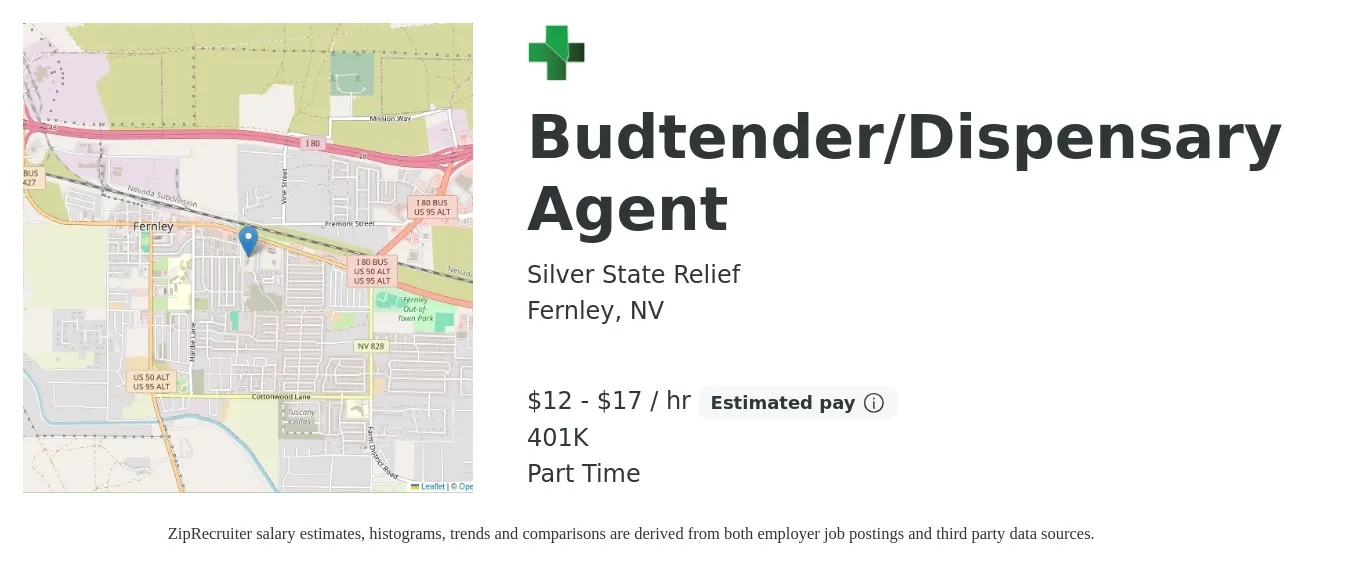 Silver State Relief job posting for a Budtender/Dispensary Agent in Fernley, NV with a salary of $13 to $18 Hourly and benefits including 401k with a map of Fernley location.