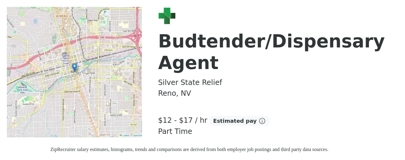 Silver State Relief job posting for a Budtender/Dispensary Agent in Reno, NV with a salary of $13 to $18 Hourly and benefits including pto, and retirement with a map of Reno location.
