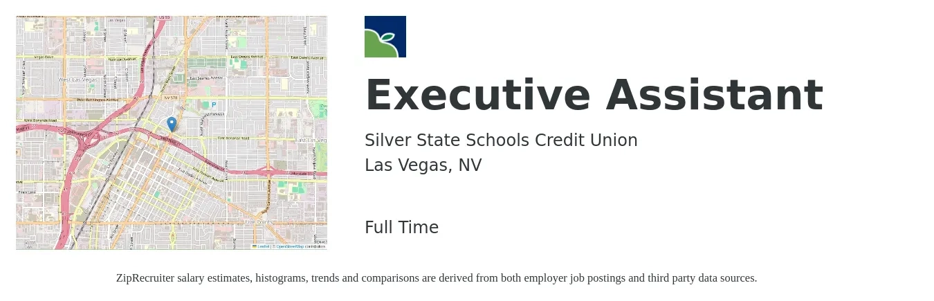 Silver State Schools Credit Union job posting for a Executive Assistant in Las Vegas, NV with a salary of $32 to $35 Hourly with a map of Las Vegas location.