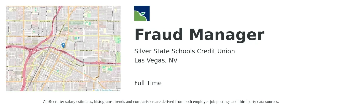 Silver State Schools Credit Union job posting for a Fraud Manager in Las Vegas, NV with a salary of $85,159 to $91,434 Yearly with a map of Las Vegas location.