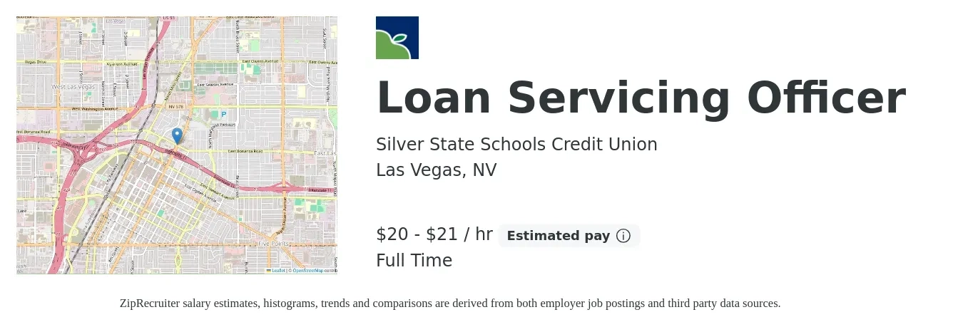 Silver State Schools Credit Union job posting for a Loan Servicing Officer in Las Vegas, NV with a salary of $21 to $22 Hourly with a map of Las Vegas location.