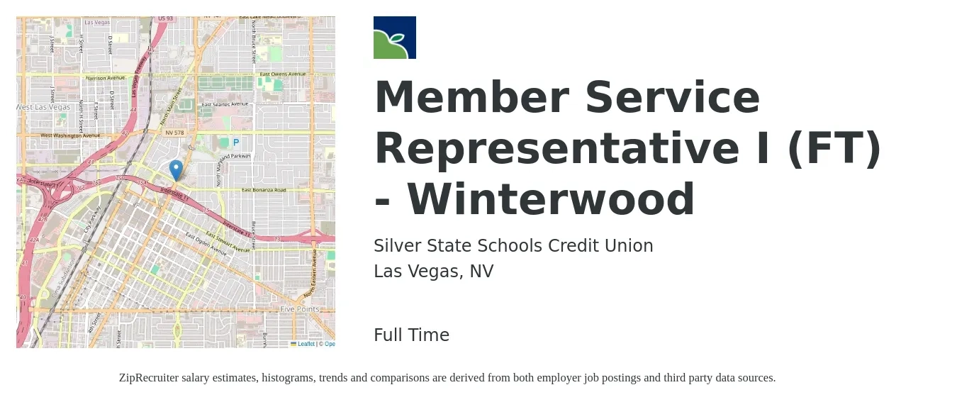 Silver State Schools Credit Union job posting for a Member Service Representative I (FT) - Winterwood in Las Vegas, NV with a salary of $17 to $19 Hourly with a map of Las Vegas location.