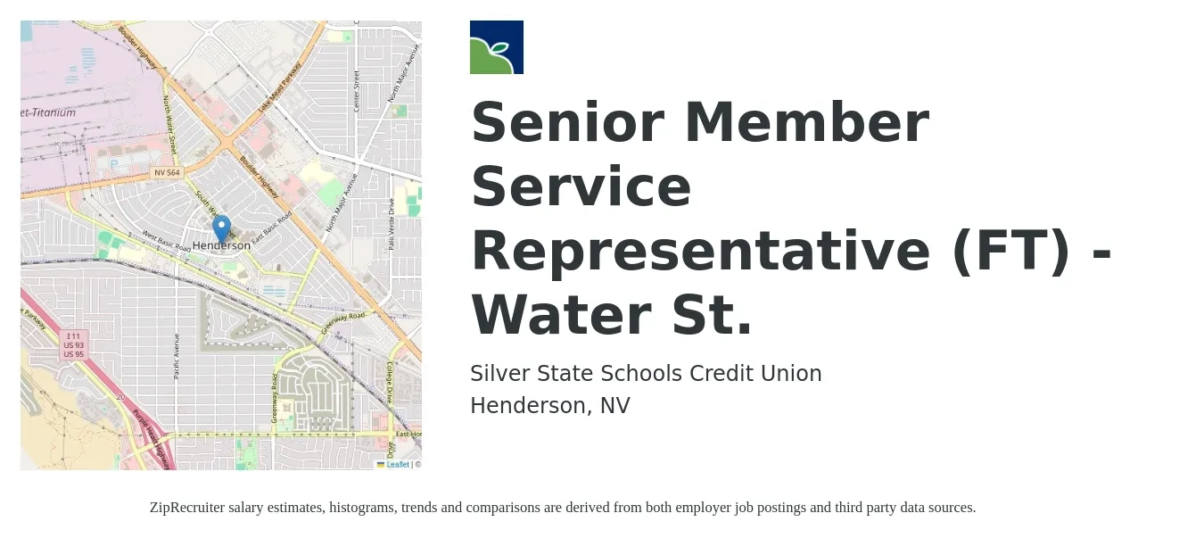 Silver State Schools Credit Union job posting for a Senior Member Service Representative (FT) - Water St. in Henderson, NV with a salary of $18 to $25 Hourly with a map of Henderson location.