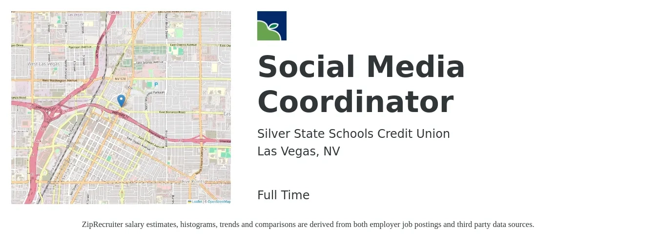 Silver State Schools Credit Union job posting for a Social Media Coordinator in Las Vegas, NV with a salary of $26 to $28 Hourly with a map of Las Vegas location.