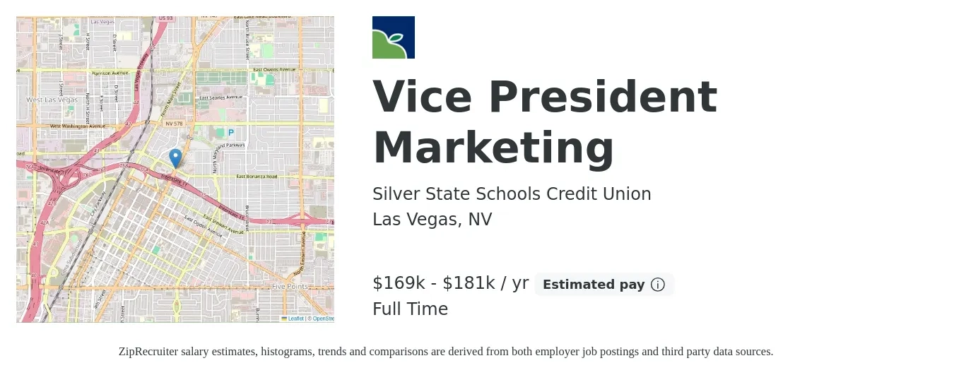 Silver State Schools Credit Union job posting for a Vice President Marketing in Las Vegas, NV with a salary of $169,276 to $181,749 Yearly with a map of Las Vegas location.