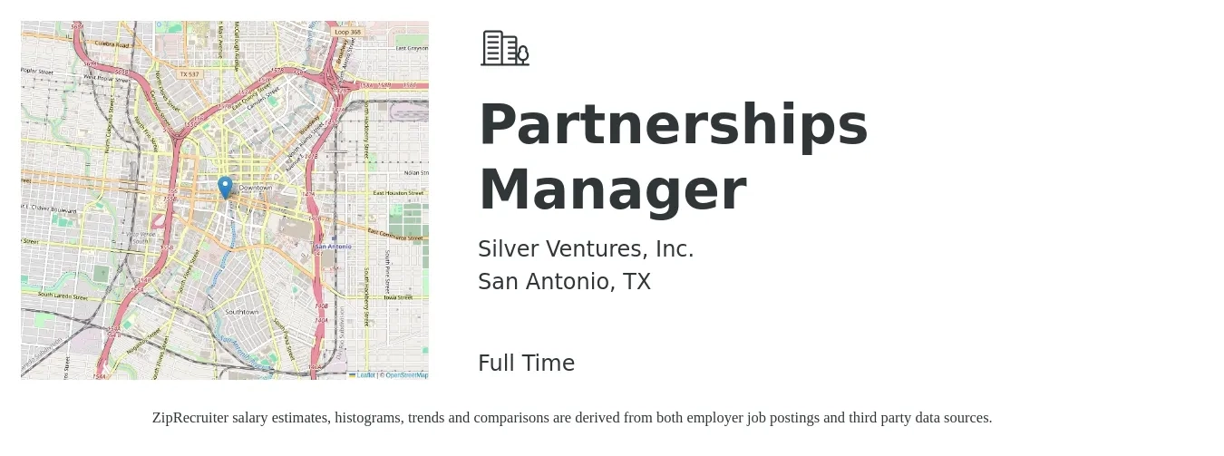 Silver Ventures, Inc. job posting for a Partnerships Manager in San Antonio, TX with a salary of $74,900 to $75,300 Yearly with a map of San Antonio location.