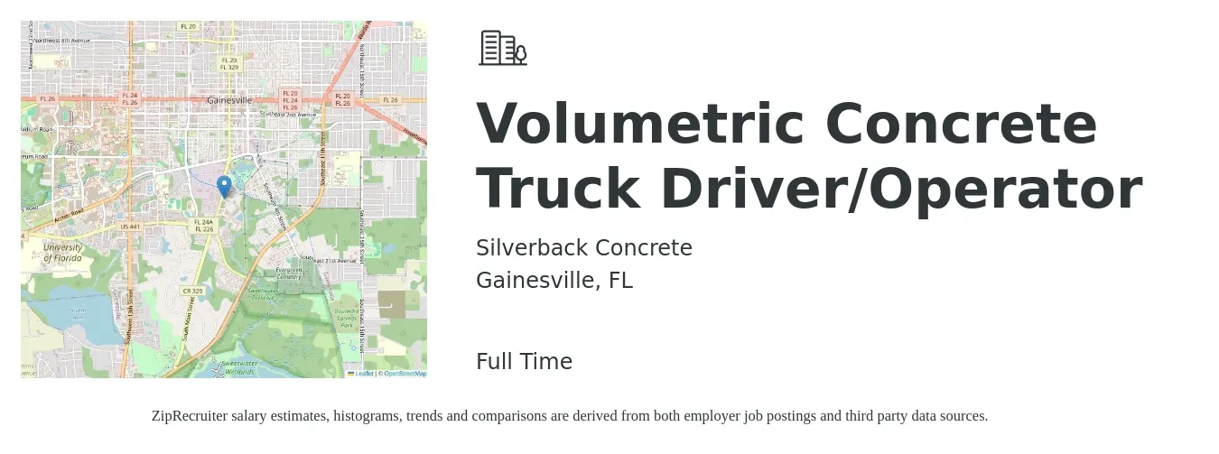 Silverback Concrete job posting for a Volumetric Concrete Truck Driver/Operator in Gainesville, FL with a salary of $2,700 Monthly with a map of Gainesville location.