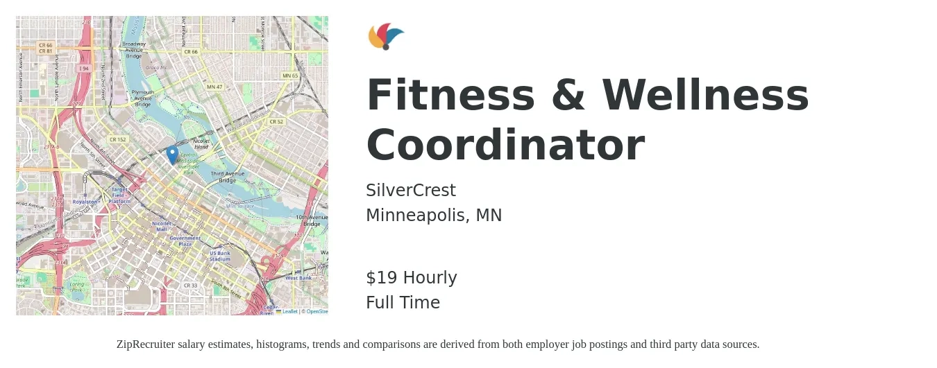 SilverCrest job posting for a Fitness & Wellness Coordinator in Minneapolis, MN with a salary of $20 Hourly with a map of Minneapolis location.
