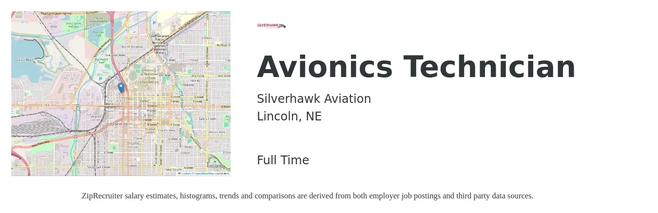 Silverhawk Aviation job posting for a Avionics Technician in Lincoln, NE with a salary of $25 to $33 Hourly with a map of Lincoln location.