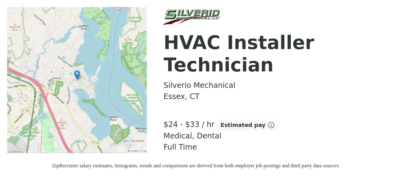Silverio Mechanical job posting for a HVAC Installer Technician in Essex, CT with a salary of $25 to $35 Hourly and benefits including dental, life_insurance, medical, and pto with a map of Essex location.