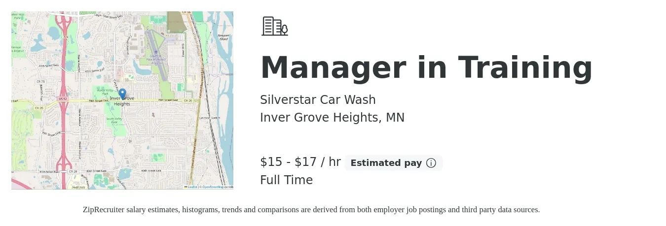 Silverstar Car Wash job posting for a Manager in Training in Inver Grove Heights, MN with a salary of $16 to $18 Hourly with a map of Inver Grove Heights location.