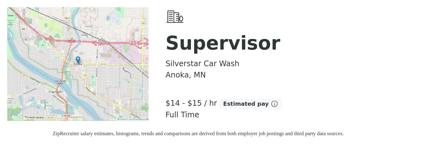 Silverstar Car Wash job posting for a Supervisor in Anoka, MN with a salary of $15 to $16 Hourly with a map of Anoka location.