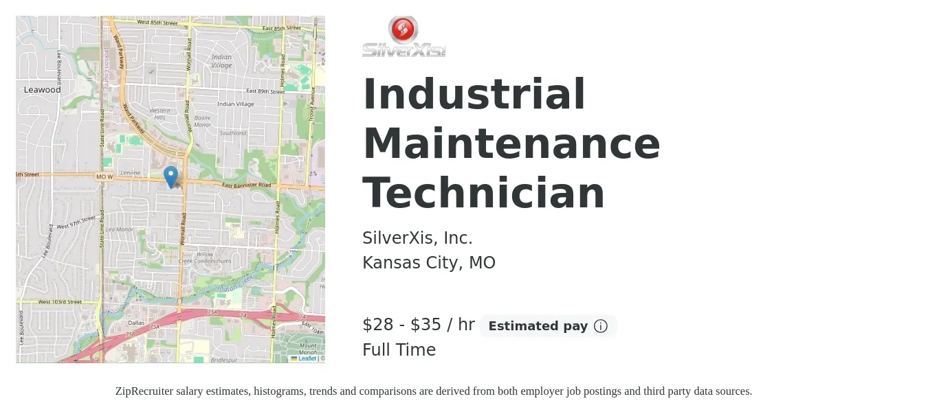 SilverXis, Inc. job posting for a Industrial Maintenance Technician in Kansas City, MO with a salary of $30 to $37 Hourly with a map of Kansas City location.