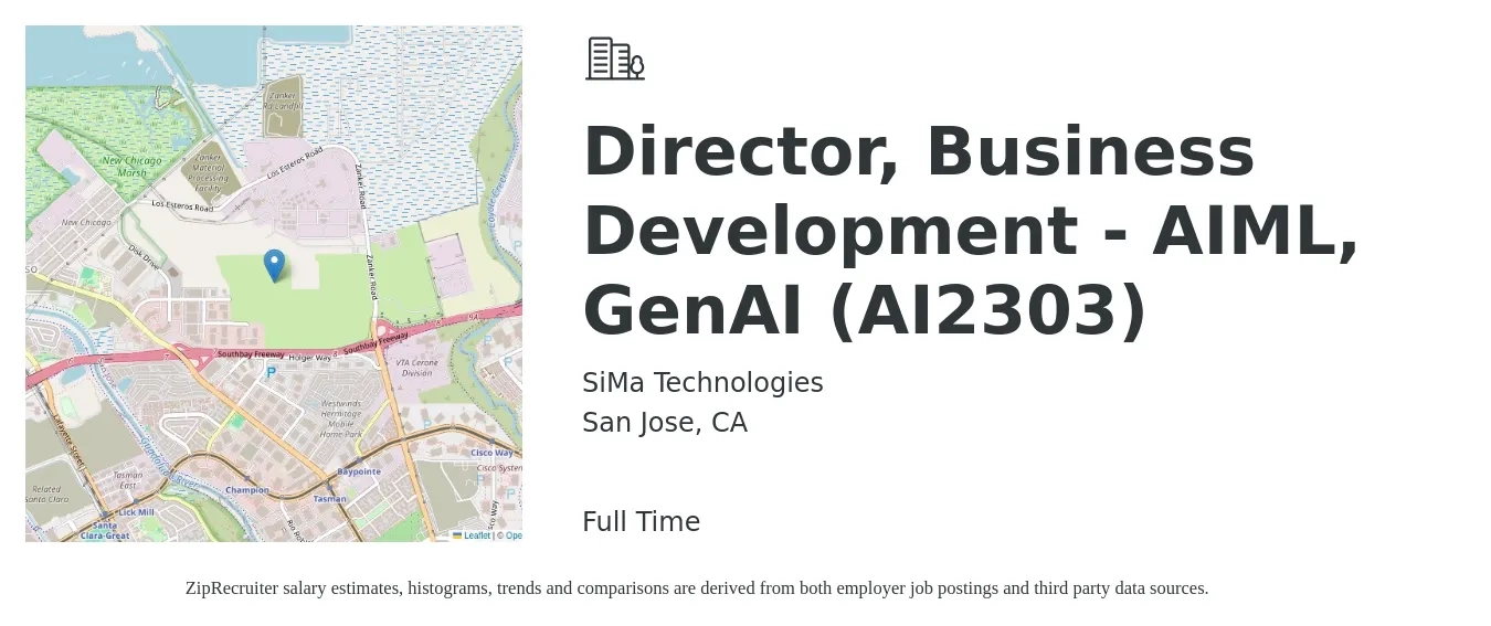 SiMa Technologies job posting for a Director, Business Development - AIML, GenAI (AI2303) in San Jose, CA with a salary of $210,000 to $267,000 Yearly with a map of San Jose location.
