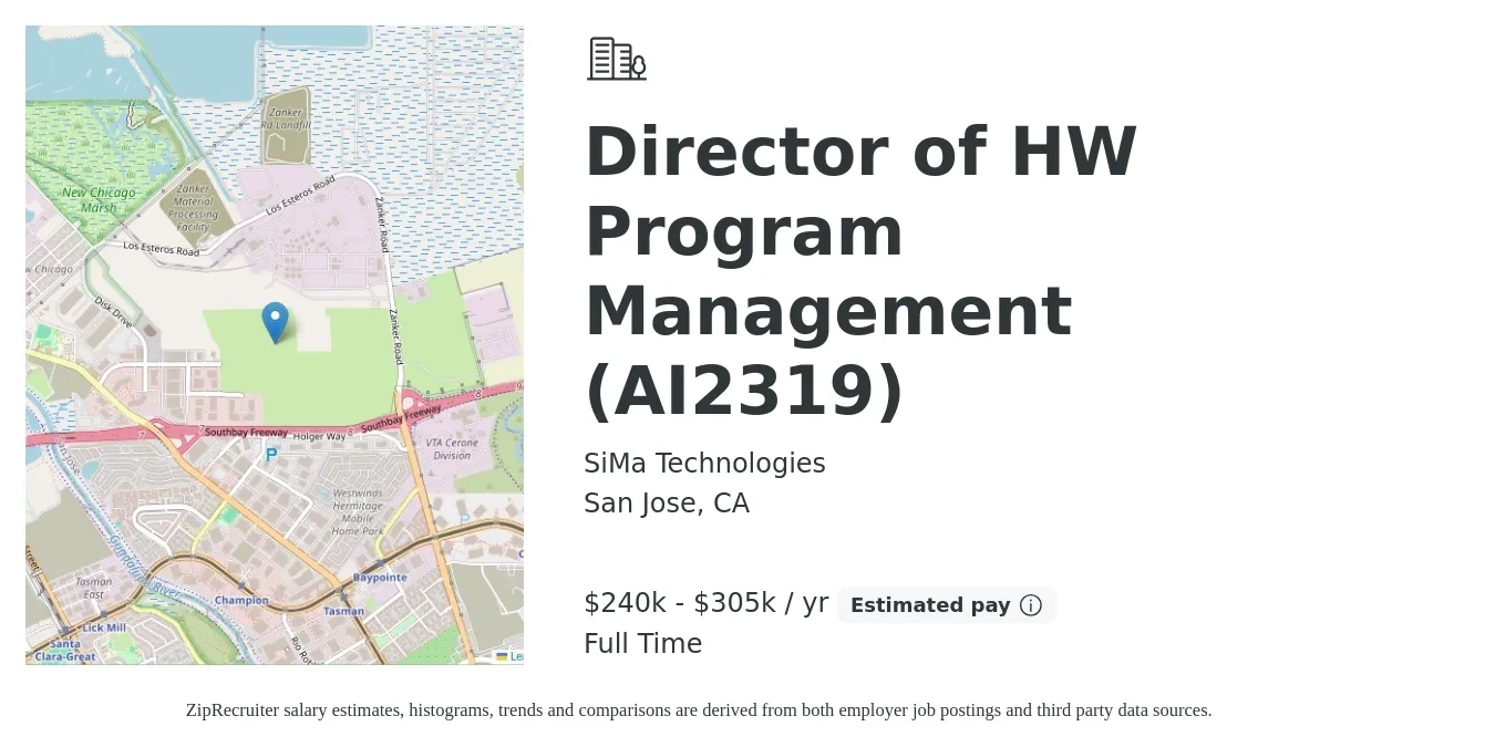 SiMa Technologies job posting for a Director of HW Program Management (AI2319) in San Jose, CA with a salary of $240,000 to $305,000 Yearly with a map of San Jose location.