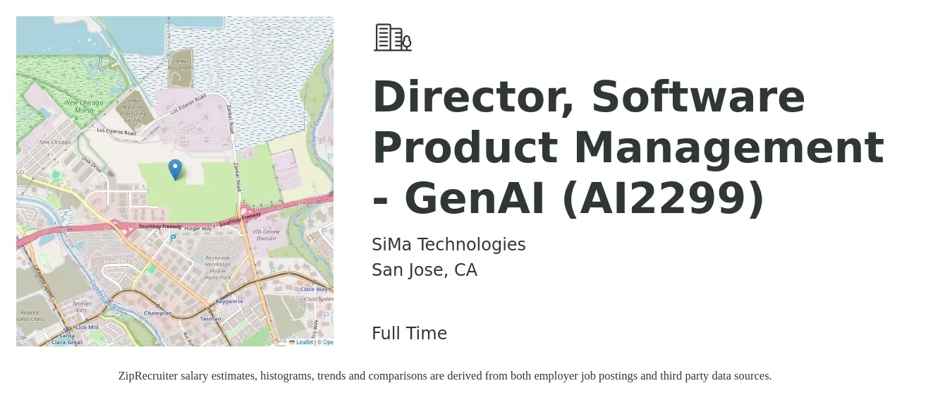 SiMa Technologies job posting for a Director, Software Product Management - GenAI (AI2299) in San Jose, CA with a salary of $210,000 to $267,000 Yearly with a map of San Jose location.