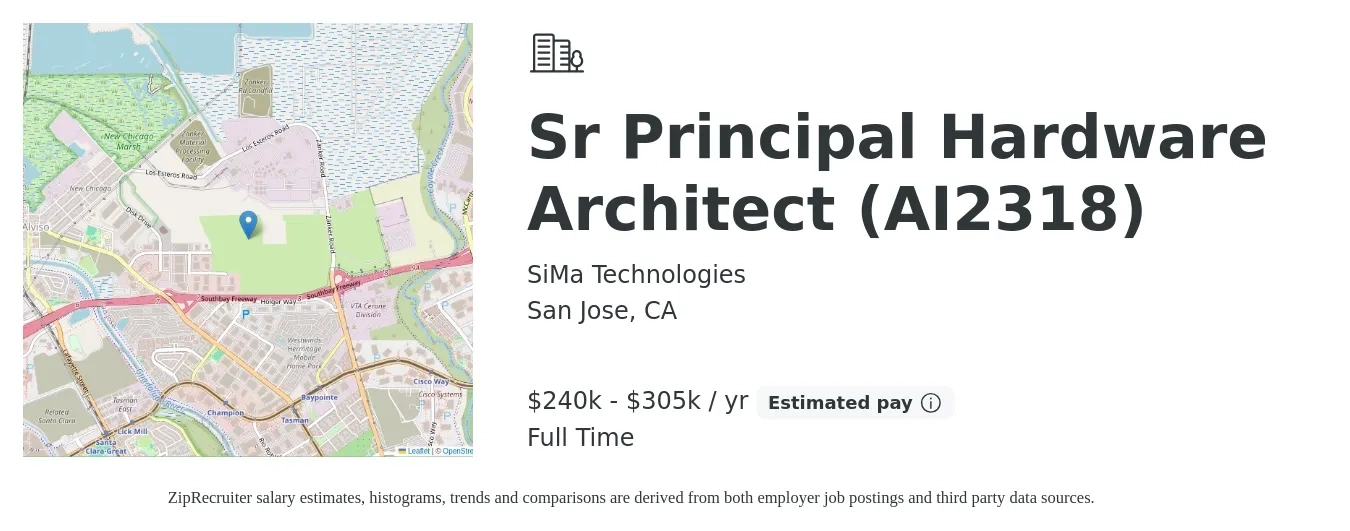 SiMa Technologies job posting for a Sr Principal Hardware Architect (AI2318) in San Jose, CA with a salary of $240,000 to $305,000 Yearly with a map of San Jose location.
