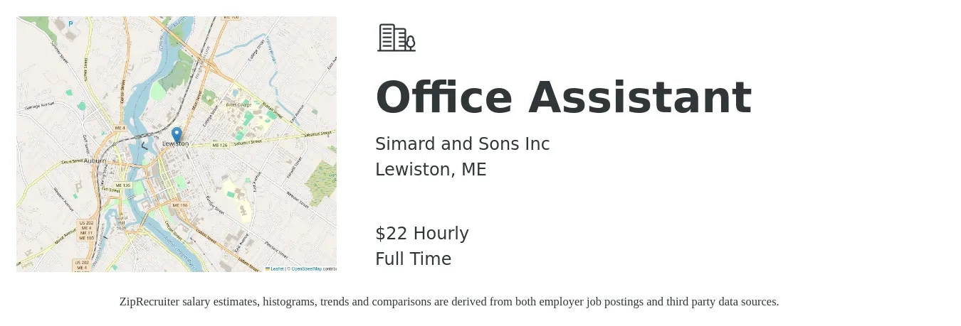 Simard and Sons Inc job posting for a Office Assistant in Lewiston, ME with a salary of $20 to $24 Hourly with a map of Lewiston location.