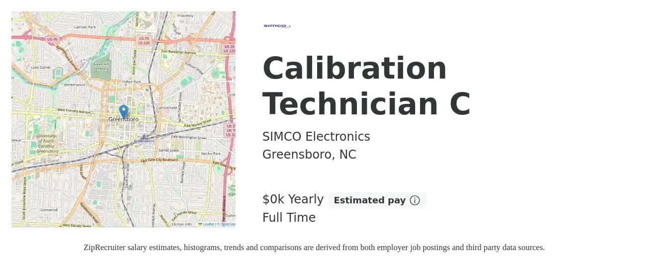 SIMCO Electronics job posting for a Calibration Technician C in Greensboro, NC with a salary of $24 to $34 Yearly with a map of Greensboro location.