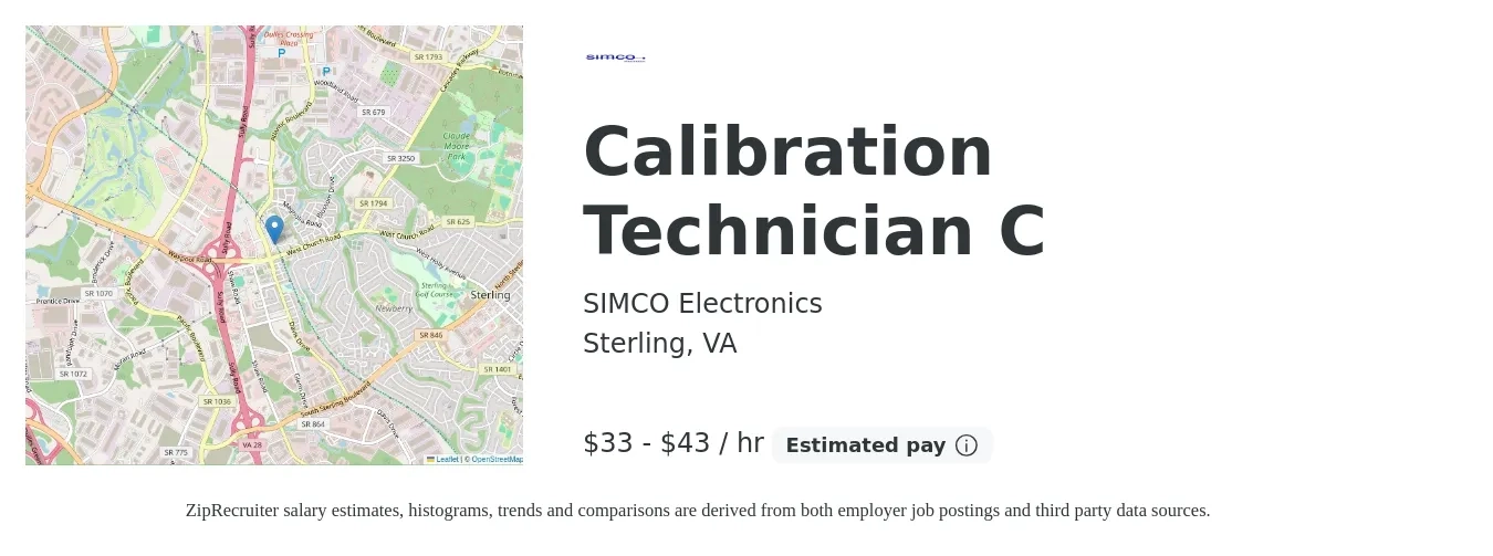 SIMCO Electronics job posting for a Calibration Technician C in Sterling, VA with a salary of $35 to $45 Hourly with a map of Sterling location.