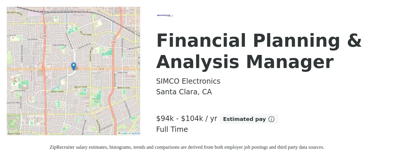 SIMCO Electronics job posting for a Financial Planning & Analysis Manager in Santa Clara, CA with a salary of $94,000 to $104,000 Yearly with a map of Santa Clara location.