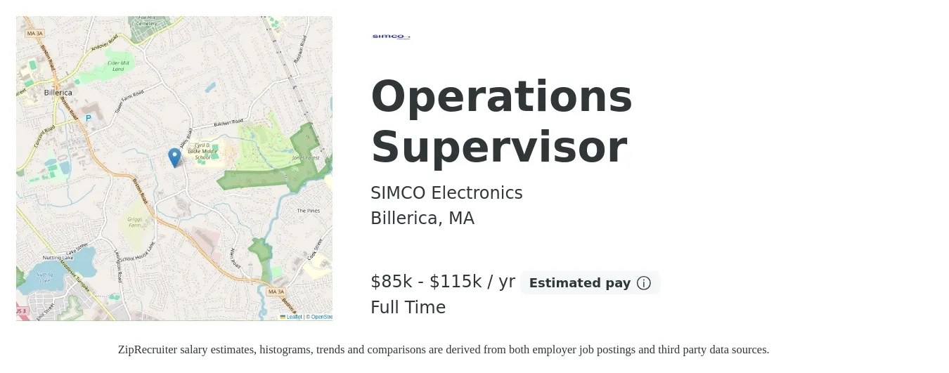 SIMCO Electronics job posting for a Operations Supervisor in Billerica, MA with a salary of $85,000 to $115,000 Yearly with a map of Billerica location.