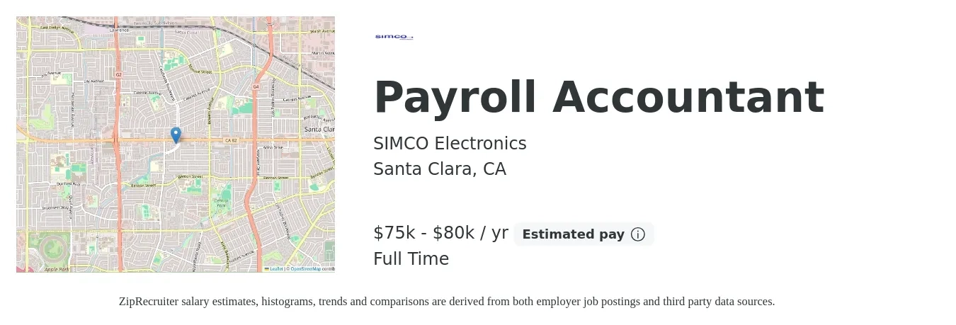 SIMCO Electronics job posting for a Payroll Accountant in Santa Clara, CA with a salary of $75,000 to $80,000 Yearly with a map of Santa Clara location.