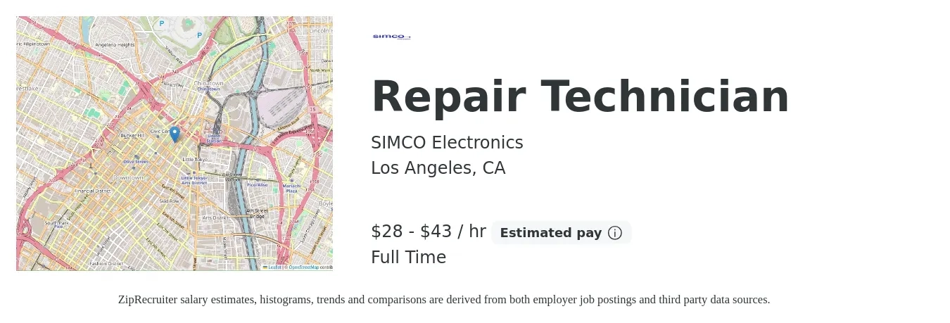 SIMCO Electronics job posting for a Repair Technician in Los Angeles, CA with a salary of $30 to $45 Hourly with a map of Los Angeles location.