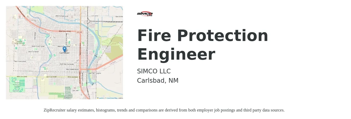 SIMCO LLC job posting for a Fire Protection Engineer in Carlsbad, NM with a salary of $69,900 to $94,400 Yearly with a map of Carlsbad location.