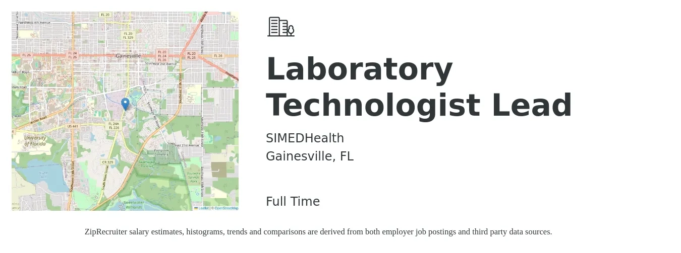 SIMEDHealth job posting for a Laboratory Technologist Lead in Gainesville, FL with a salary of $25 to $41 Hourly with a map of Gainesville location.