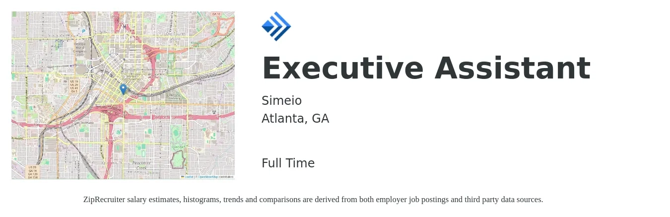 Simeio job posting for a Executive Assistant in Atlanta, GA with a salary of $49,000 to $73,600 Yearly with a map of Atlanta location.