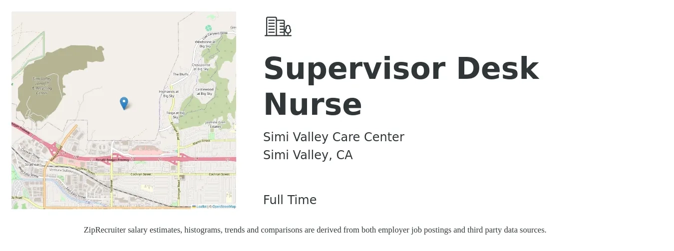 Simi Valley Care Center job posting for a Supervisor Desk Nurse in Simi Valley, CA with a salary of $41 to $60 Hourly with a map of Simi Valley location.