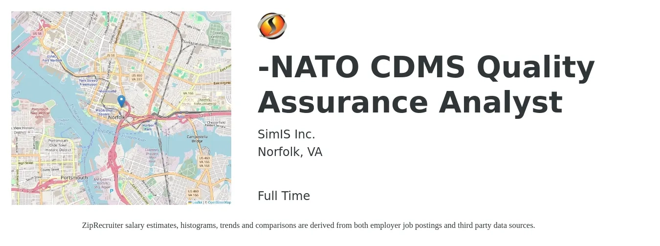 SimIS Inc. job posting for a -NATO CDMS Quality Assurance Analyst in Norfolk, VA with a salary of $39 to $62 Hourly with a map of Norfolk location.
