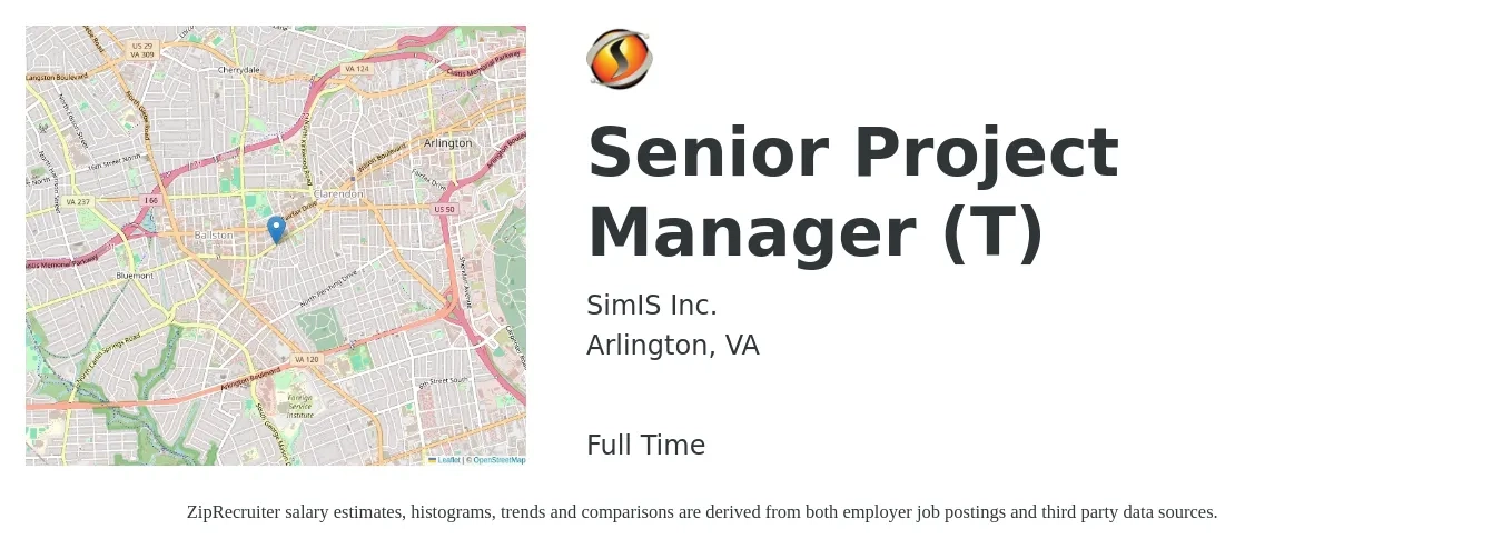 SimIS Inc. job posting for a Senior Project Manager (T) in Arlington, VA with a salary of $119,100 to $168,000 Yearly with a map of Arlington location.